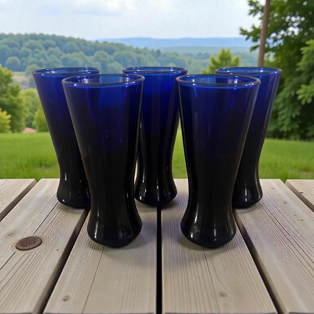 Vintage Set of 5 MCM Cobalt Blue Cordial Shot Glasses 4" Hand Blown Glass